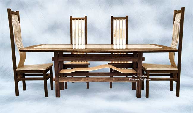 modern craftsman dining table showing base construction with wavy bent laminate slats